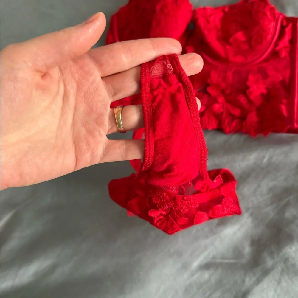 Red Lace Longline Bra & Thong Set - Women Intimates